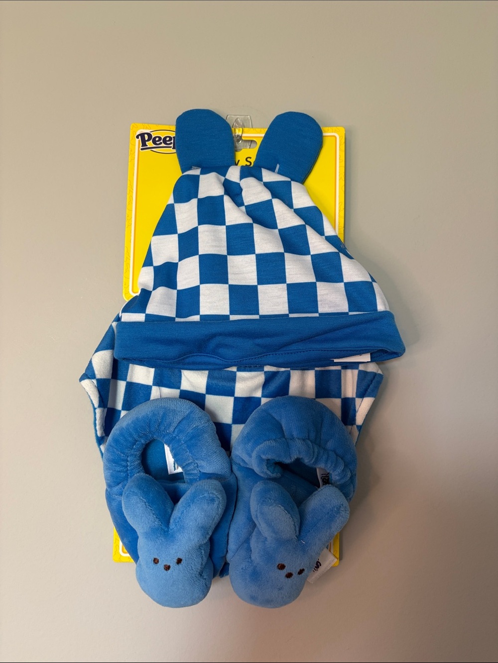 Blue Checkered Baby Hat, Bib and Bunny Slippers